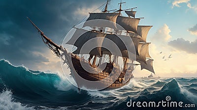 art illustration of big ancient pirate ship sailing on rough sea Stock Photo