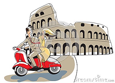 Colosseum, Rome, Italy, young couple retro style riding a red motor scooter Vector Illustration