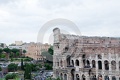 Colosseum seen from the Roman forum on a cloudy day Stock Photo