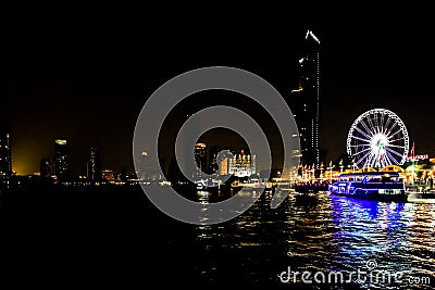 Nightime sights along the Chao Phraya river in Bangkok Editorial Stock Photo