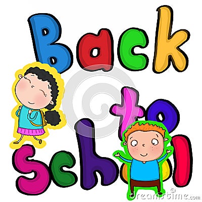 Colour back to school text and Girl with cute backpack illustration cartoon drawing coloring Stock Photo