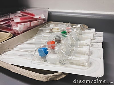 Intravenous cannula in a tray. Stock Photo