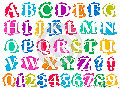 Colour doodle splash alphabet letters and digits Vector Illustration