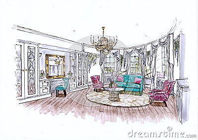 Colour illustration of a large traditionally furnished lounge. Cartoon Illustration
