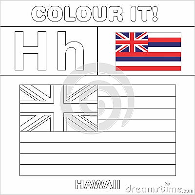 Colour it Kids colouring Page country starting from English Letter `H`Hawaii How to Color Flag Cartoon Illustration