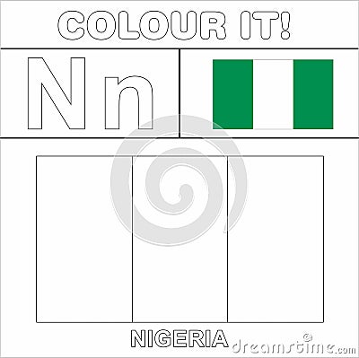 Colour it Kids colouring Page country starting from English Letter `N` Nigeria How to Color Flag Stock Photo