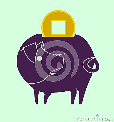 Colour picture piggy bank with ancient chinese coin Vector Illustration