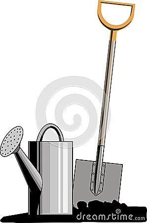 Colour picture a shovel near watering can Vector Illustration