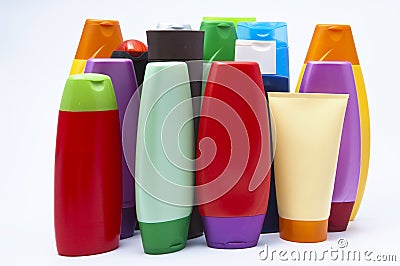 Colour plastic bottles sham Stock Photo