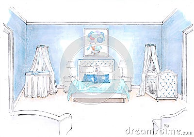 Colour sketch of a blue bedroom with a double bed with cots either side. Stock Photo