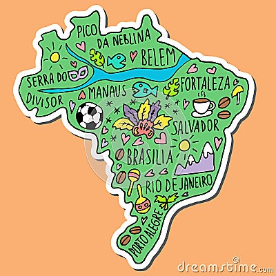 Colour Sticker of Blazil. hand drawn doodle Brazil, Brasilia map Stock Photo