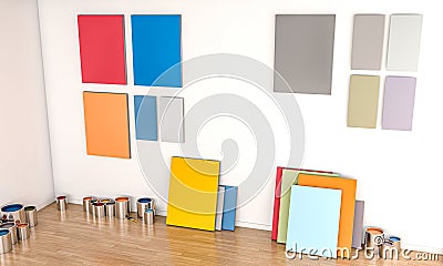 colour tests on a wall in an empty house, paint cans Stock Photo