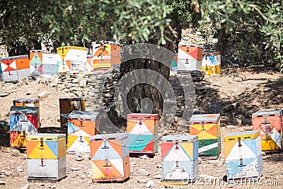Coloured beehives at Thassos Stock Photo
