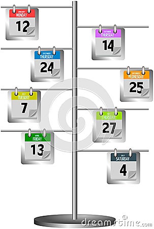 Coloured calendar pages on steel stand Stock Photo
