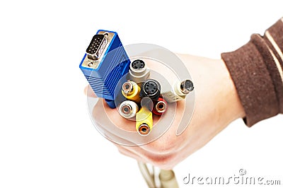 Coloured computer cables on man hand Stock Photo