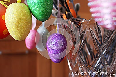 Coloured Easter eggs on the willow branches Stock Photo