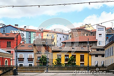 Coloured houses facades of Manueta Street in Pamplona, Navarra, Spain Stock Photo