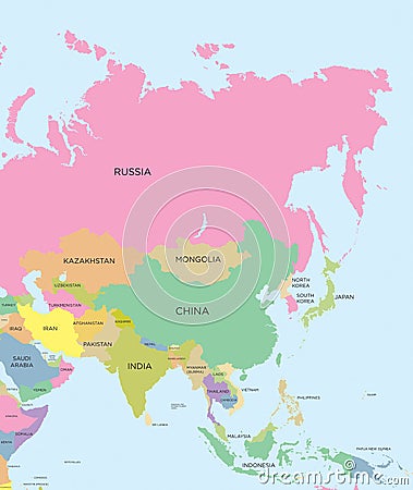 Coloured political map of Asia Vector Illustration