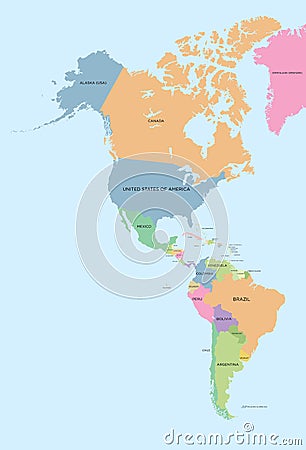 Coloured political map of North and South America Vector Illustration