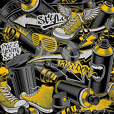Coloured Seamless pattern with graffiti doodle art. Vector Illustration