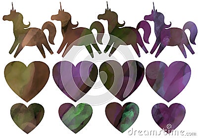 Coloured set with unicorns and hearts for stickers and cards and posters and postcard and magazines and kids and hobbies Stock Photo