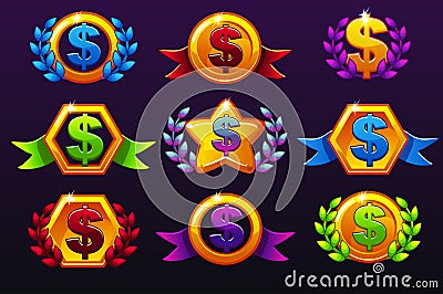 Coloured templates dollar icons for awards, creating icons for mobile games. Vector concept gambling assets, set Mobile App Icons Vector Illustration