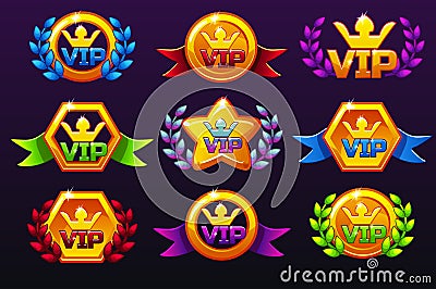 Coloured templates VIP icons for awards, creating icons for mobile games. Vector concept gambling assets, set Mobile App Icons Vector Illustration