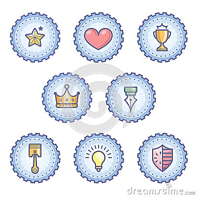 Colourful Achievement Badges with outline gear Stock Photo