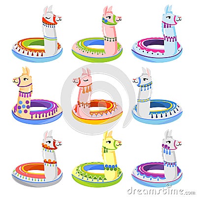 Colourful alpaca inflatable floats summer set Vector Illustration