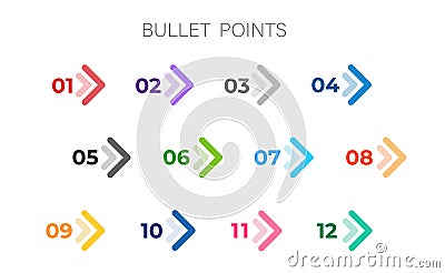 Colourful arrows set isolated. Direction number bullet points from one to twelve. Vector Illustration