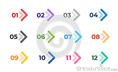 Colourful arrows set isolated on white. Direction number bullet points from one to twelve. Vector Illustration