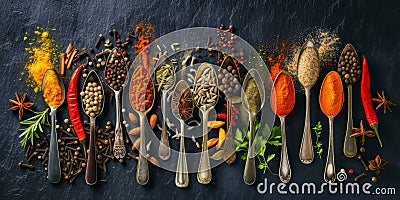 Colourful Assorted Spices - Variety of spices in spoons Stock Photo