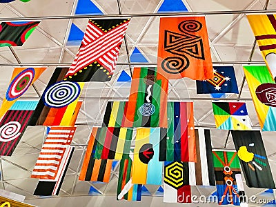 Colourful Australian Aboriginal Motif Banners, Sydney Airport Editorial Stock Photo