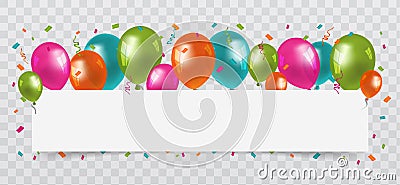 Colourful Balloons with confetti and streamers white Paper free Space. Transparent background. Birthday, Party and Carnival Vector Vector Illustration