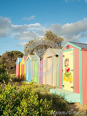 Colourful bathing boxes in Mornington on the Mornington Peninsula Editorial Stock Photo