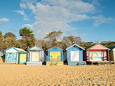 Colourful bathing boxes in Mornington on the Mornington Peninsula Editorial Stock Photo