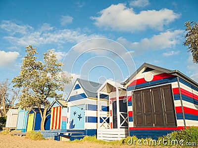 Colourful bathing boxes in Mornington on the Mornington Peninsula Editorial Stock Photo