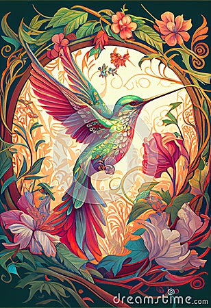 Colourful bird rainbow colors painting Mucha style Hummingbird Cartoon Illustration