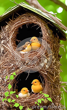 Colourful birds in nest Stock Photo