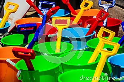 Colourful buckets and spades at children`s party. Stock Photo