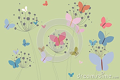 Colourful butterflies and dandelions Stock Photo
