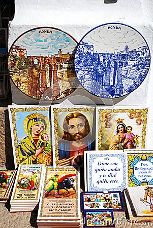 Colourful ceramic plates and religious plaques, Ronda, Spain. Editorial Stock Photo