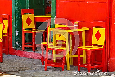 Colourful chairs and tables Stock Photo