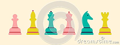 Colourful chess pieces set. Rows of queen, king, bishop, rook, horse and pawn. Modern figures of boardgame. Chessmen. Vector Illustration
