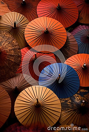 Colourful chinese umbrellas with patterns, created using generative ai technology Stock Photo