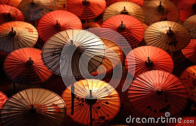 Colourful chinese umbrellas with patterns, created using generative ai technology Stock Photo