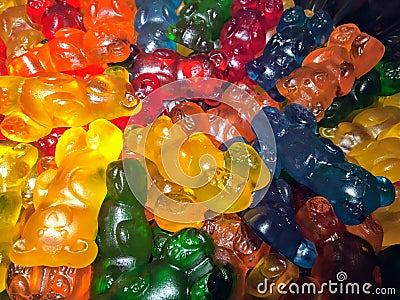 A colourful close up of a pile of big gummy bear candies Editorial Stock Photo