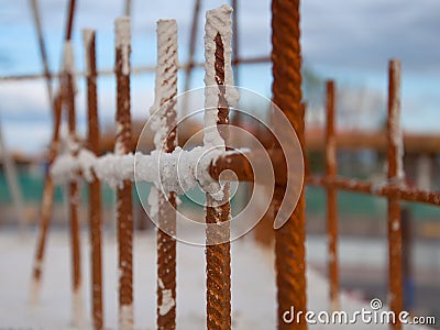 Colourful close up of rebar or metal rods to link foundations. Stock Photo