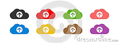 Colourful cloud file upload icon set with upward arrow symbols. User interface design elements. Vector Illustration