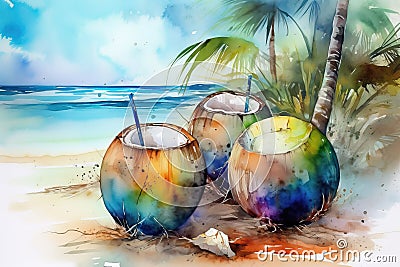 Colourful coconut drinks on a tropical beach watercolour painting. Generative ai Stock Photo
